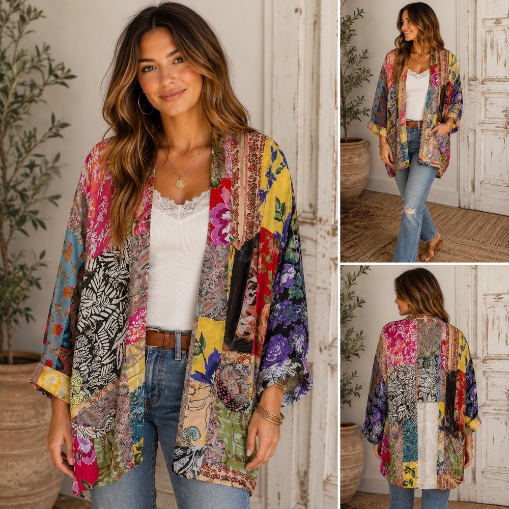 Young Threads Patchwork Kimono Cardigan Multi Color Floral Paisley Viscose S